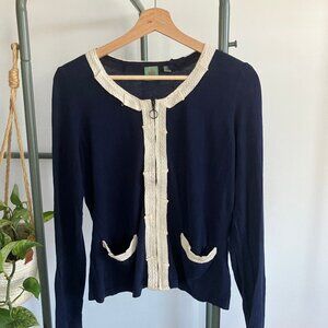 Soft, thin, lightweight navy zip-up cardigan with cream lace trim